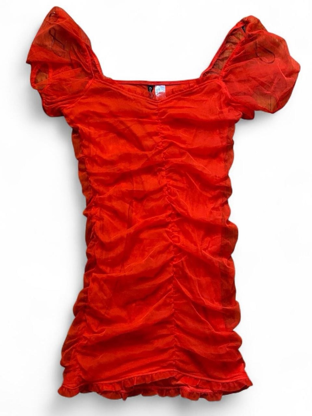 H&M Red Ruched Puff Sleeve Mini Dress